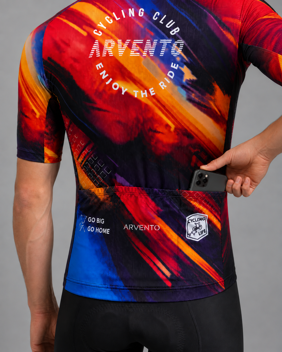 ARVENTO red performance cycling jersey back view with three rear pockets