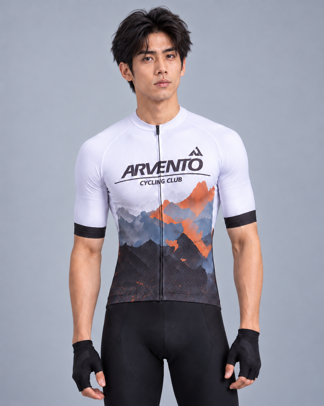 Close-up studio view of a Taiwanese male cyclist wearing the ARVENTO white mountain cycling jersey.