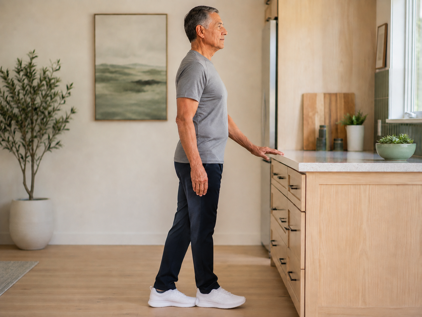 Stand in a narrow heel-to-toe position beside stable support.