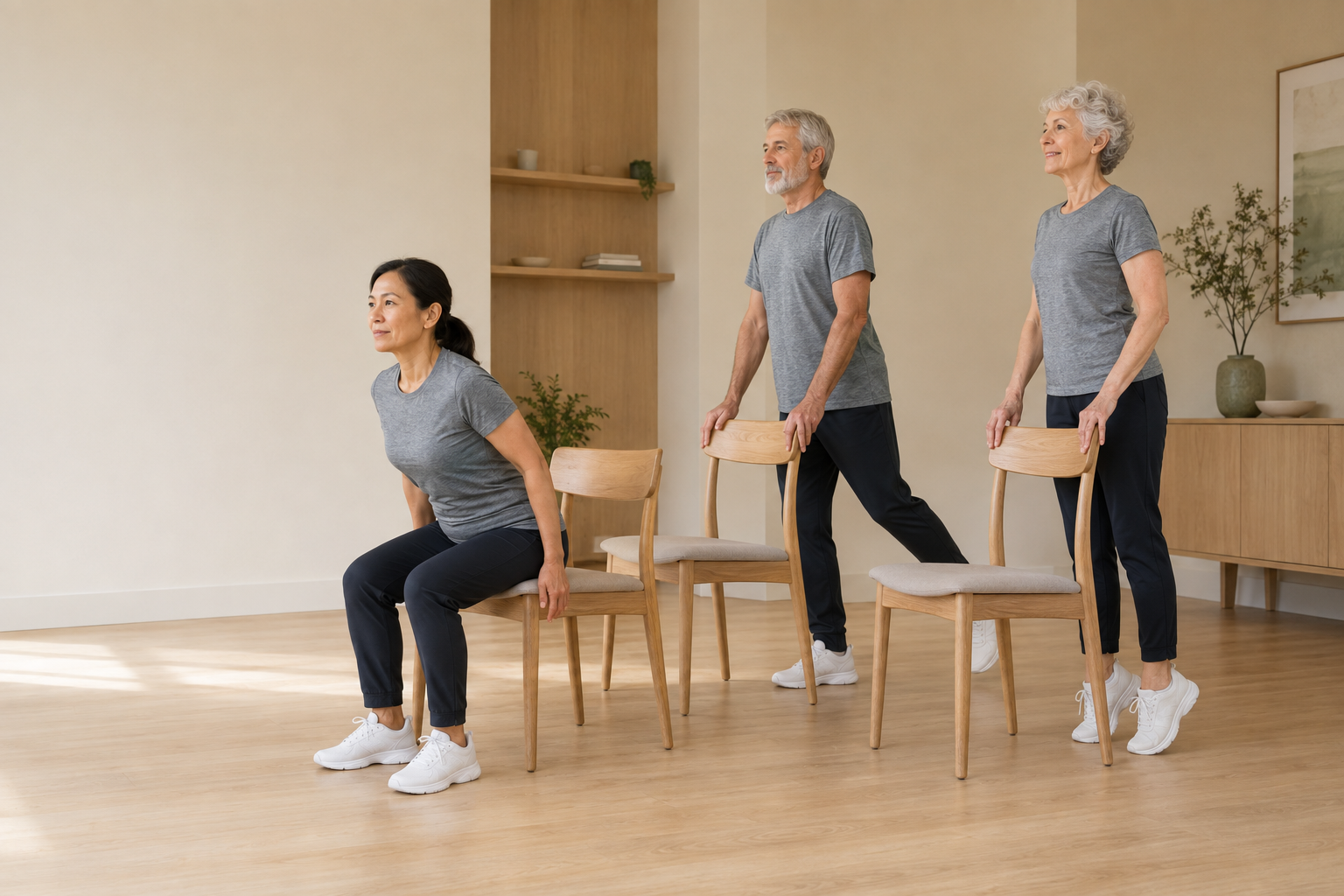 Three capable adults practising chair rise, balance and calf strength