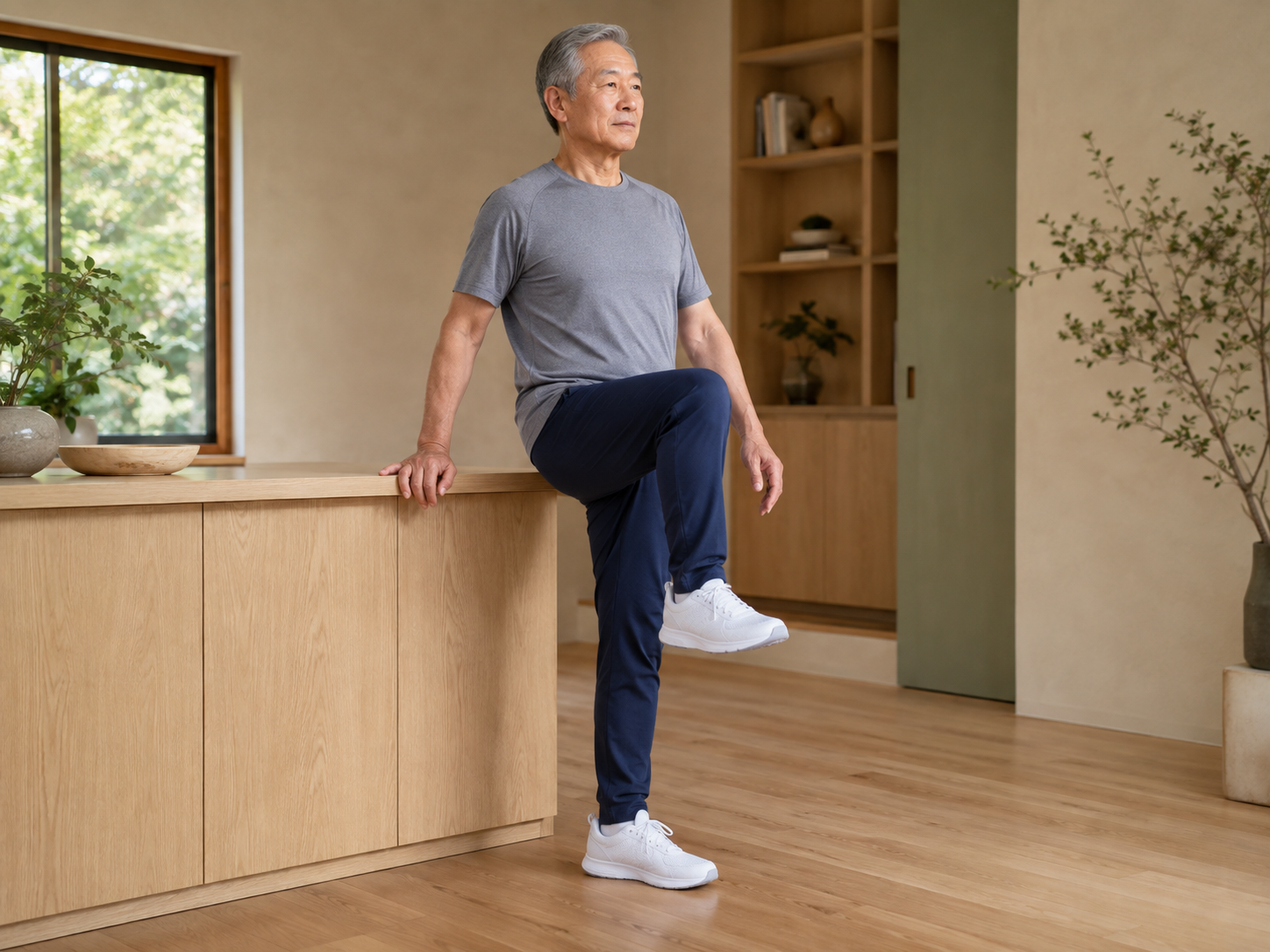 Lift and lower one knee through a comfortable range while standing tall.