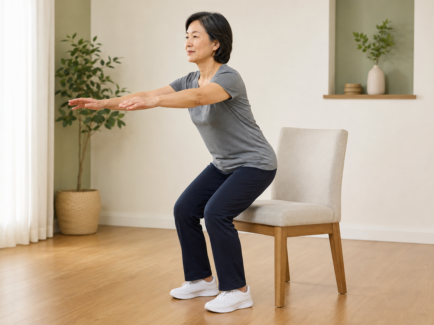 Rise from and return to a stable chair with control.