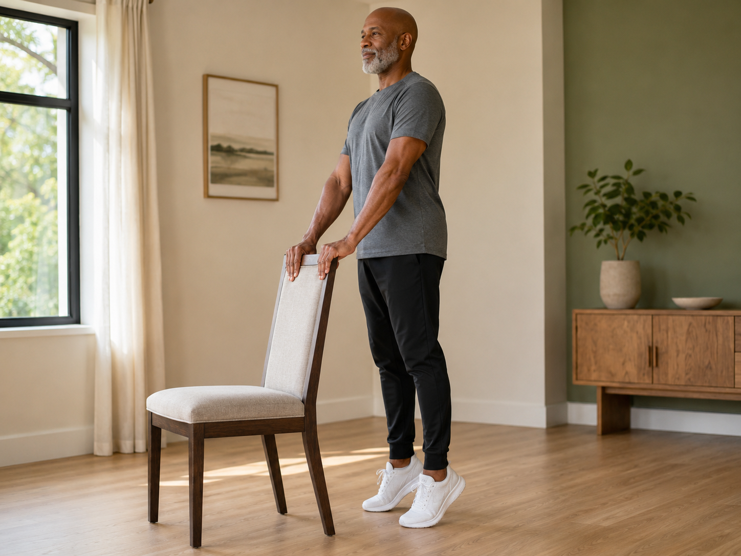 Rise onto the balls of the feet, then lower the heels with control.