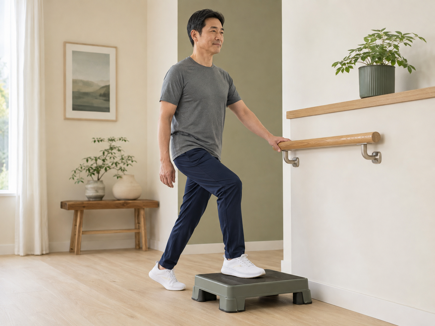 Step onto a low, stable surface and return with control.