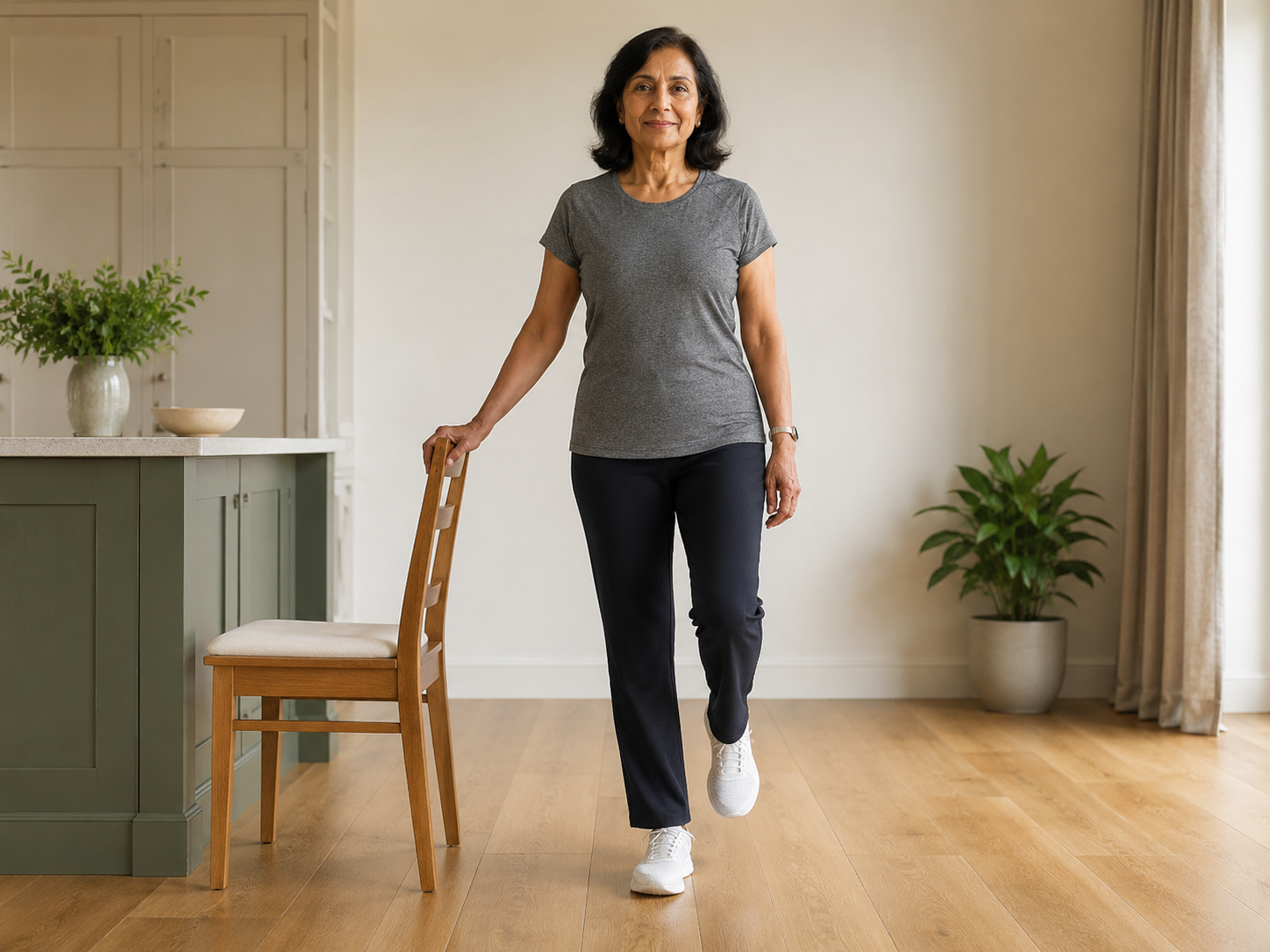 Shift onto one leg while keeping stable support within easy reach.