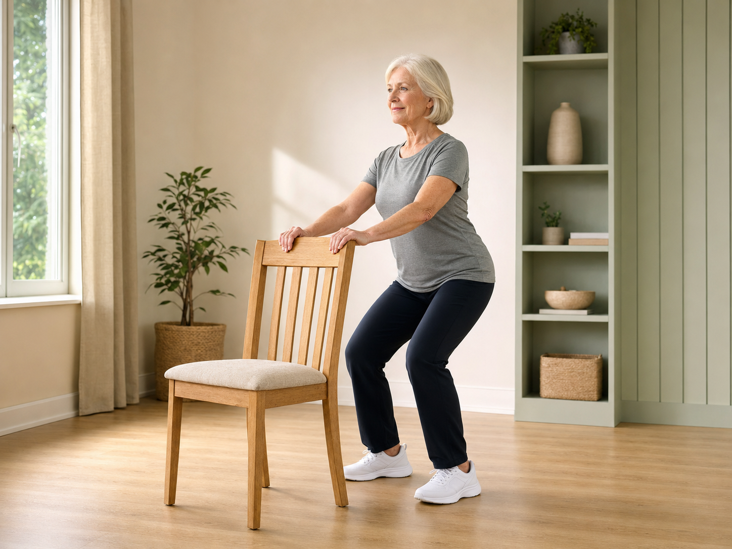 Bend and straighten the hips and knees while using stable support.