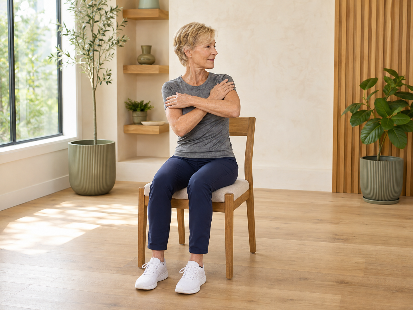 Rotate the upper body gently while keeping the hips steady.