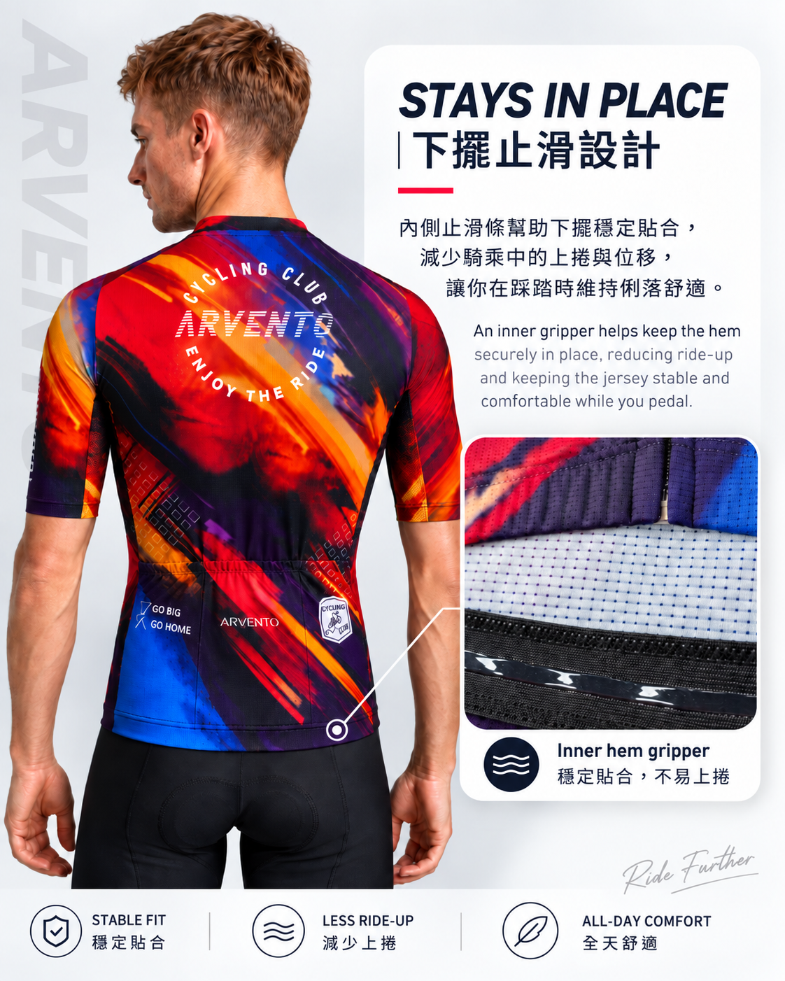 ARVENTO cycling jersey hem gripper detail for a secure riding fit
