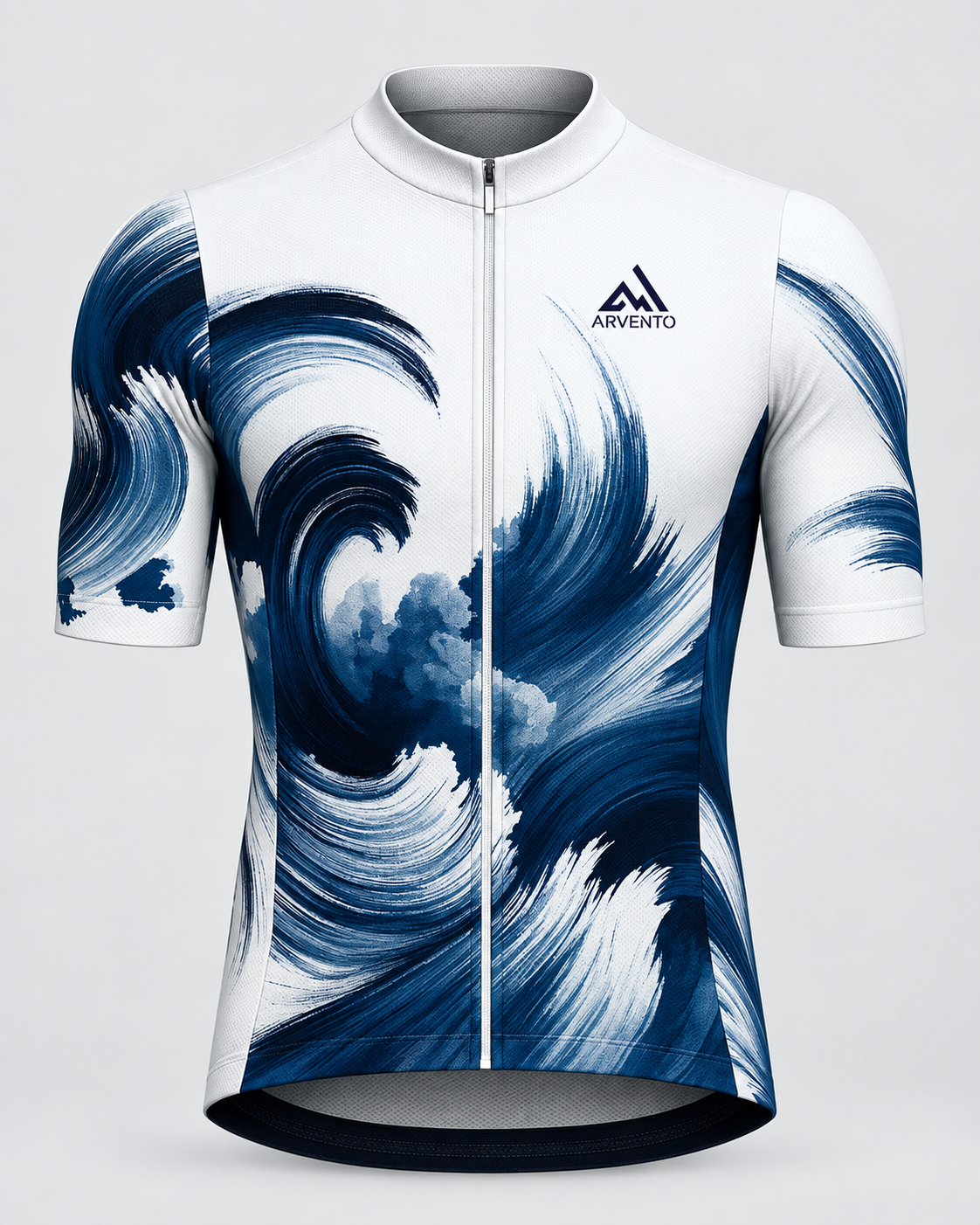 Front view of the ARVENTO W001 Indigo Current white and indigo brush-wave cycling jersey.