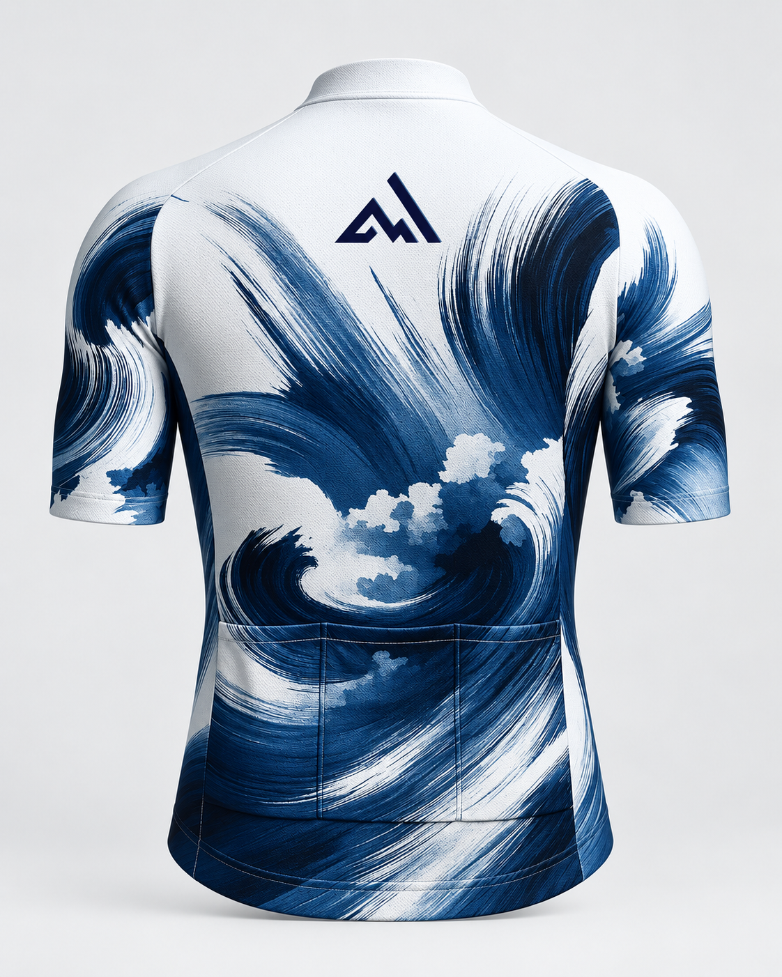 Back view of the ARVENTO W001 Indigo Current white and indigo brush-wave cycling jersey.