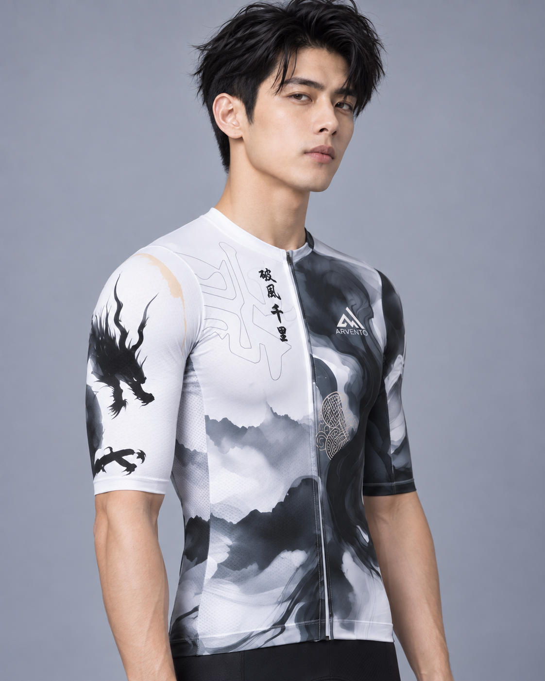 Male model wearing the ARVENTO Ink Flow Pro cycling jersey indoors, half body front view