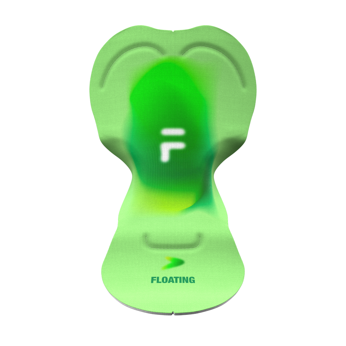 Front view of a green cycling pad with textured fabric and FLOATING lettering