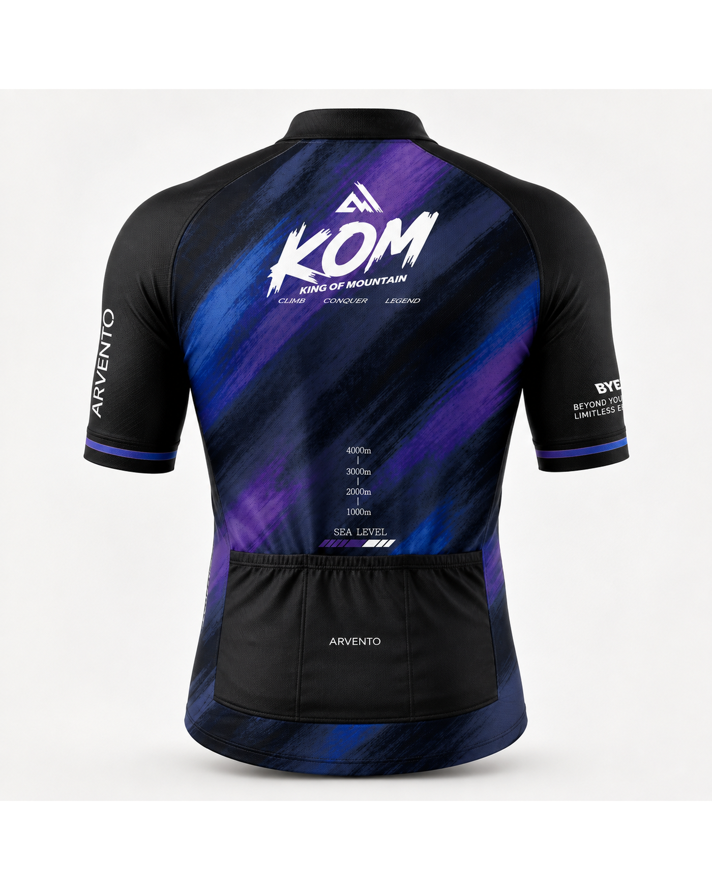 Back view of the ARVENTO LB001 King of Mountain midnight navy, blue, and violet KOM cycling jersey.
