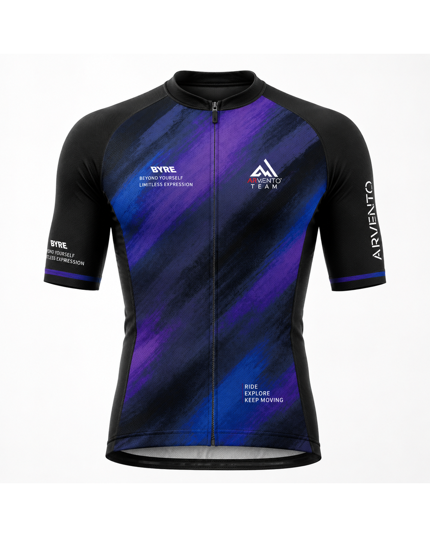 Front view of the ARVENTO LB001 King of Mountain midnight navy, blue, and violet cycling jersey.