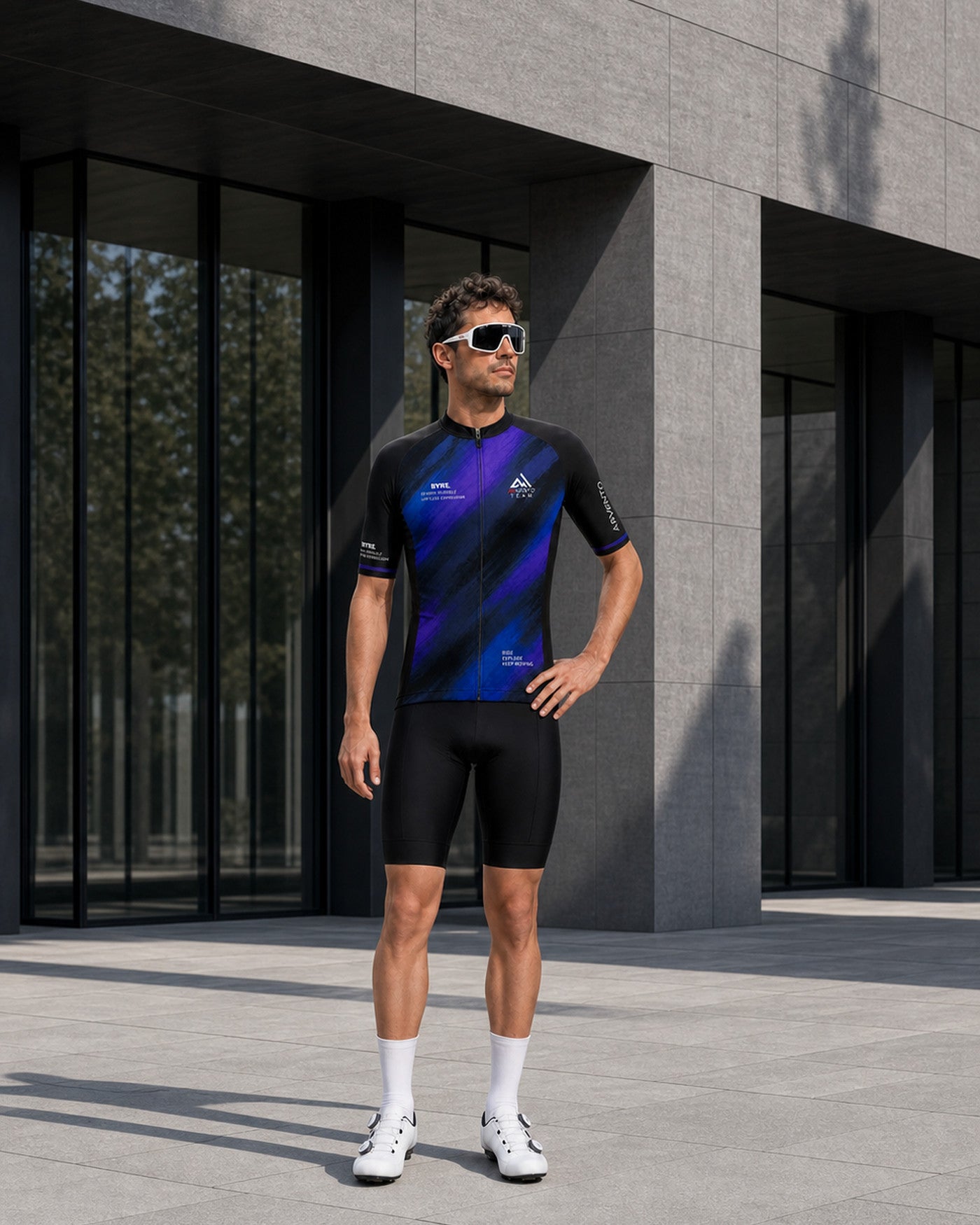Male cyclist wearing the ARVENTO LB001 King of Mountain cycling jersey.