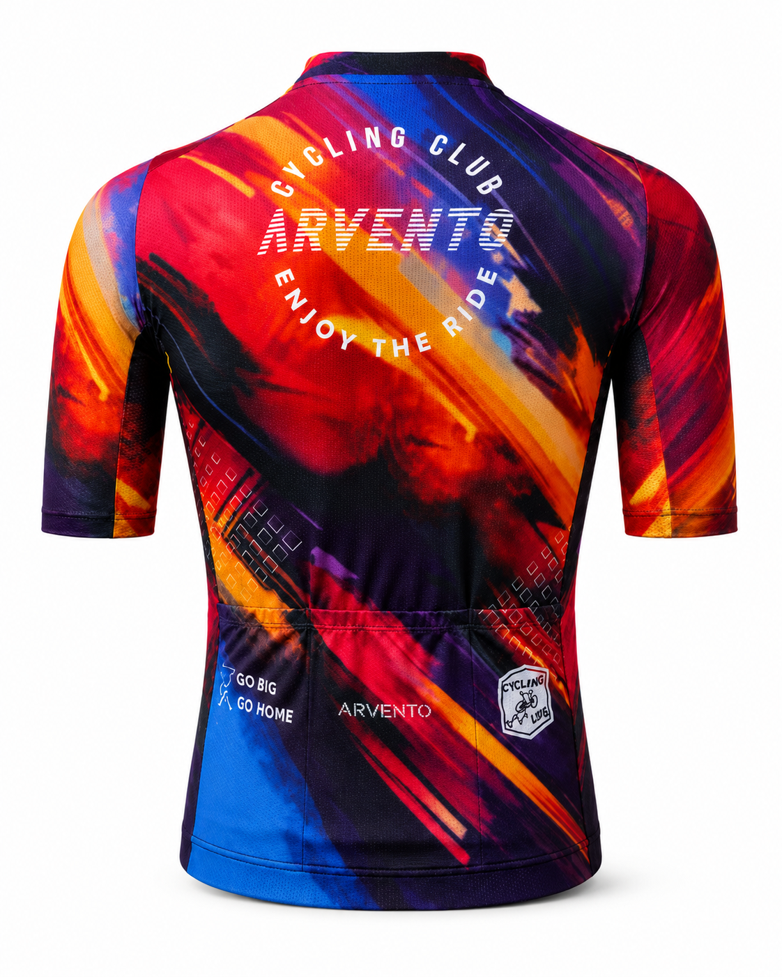 Back view of the ARVENTO CB001 Abstract Brush cycling jersey with three rear pockets and multicolor brush graphics.
