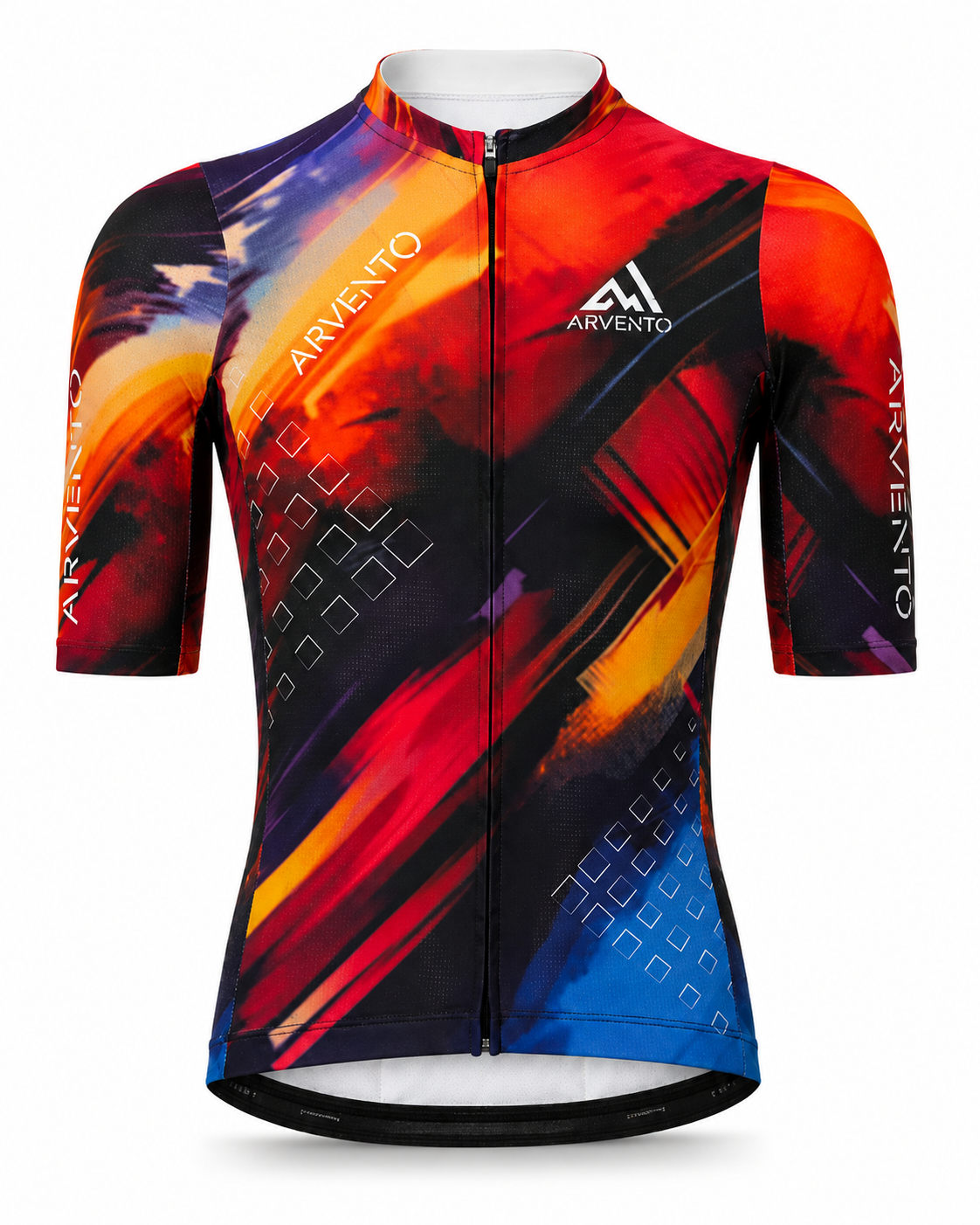 Front view of the ARVENTO CB001 Abstract Brush cycling jersey with vivid multicolor graphics.