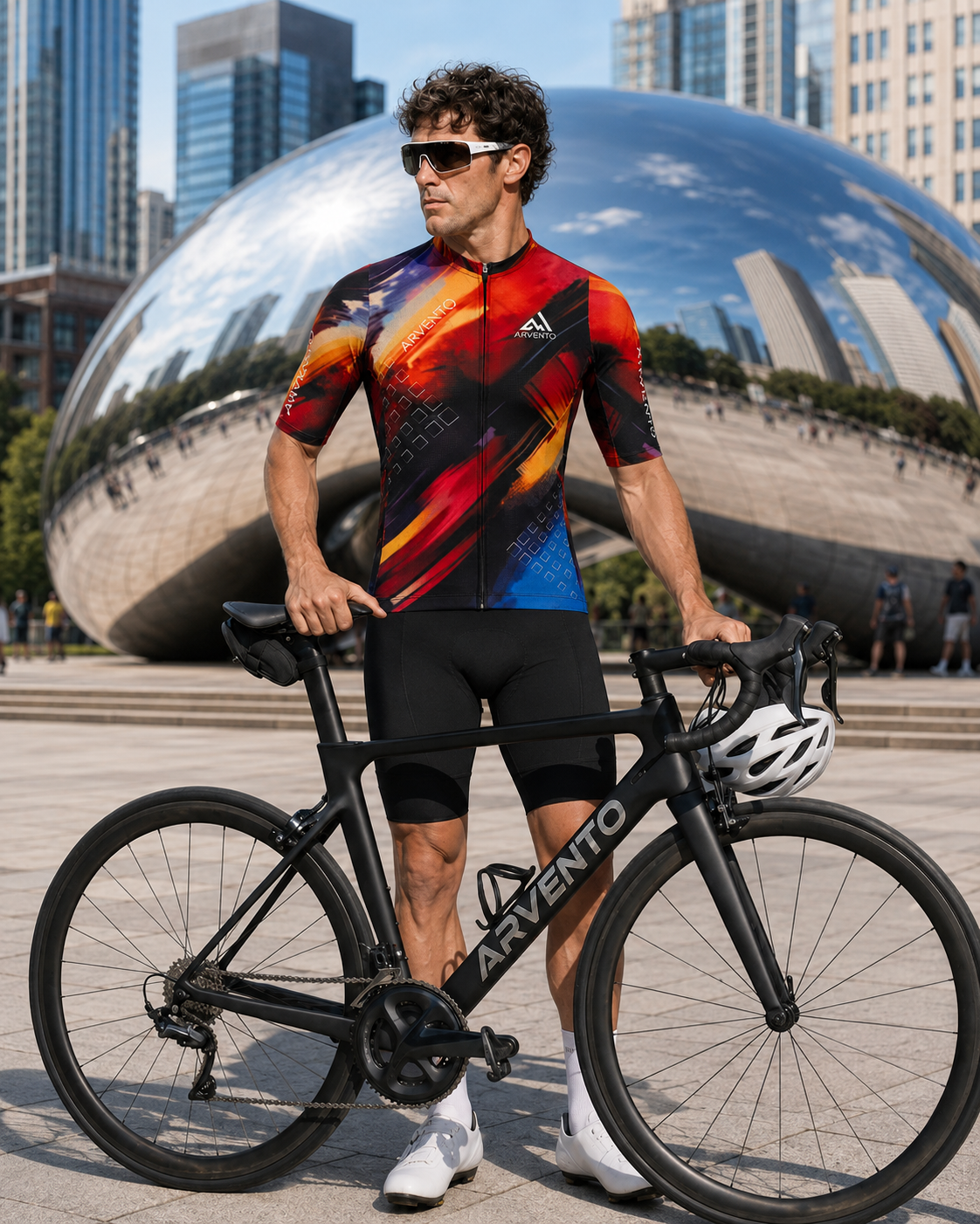 ARVENTO CB001 Abstract Brush cycling jersey presented at Chicago Cloud Gate in an urban cycling visualization.