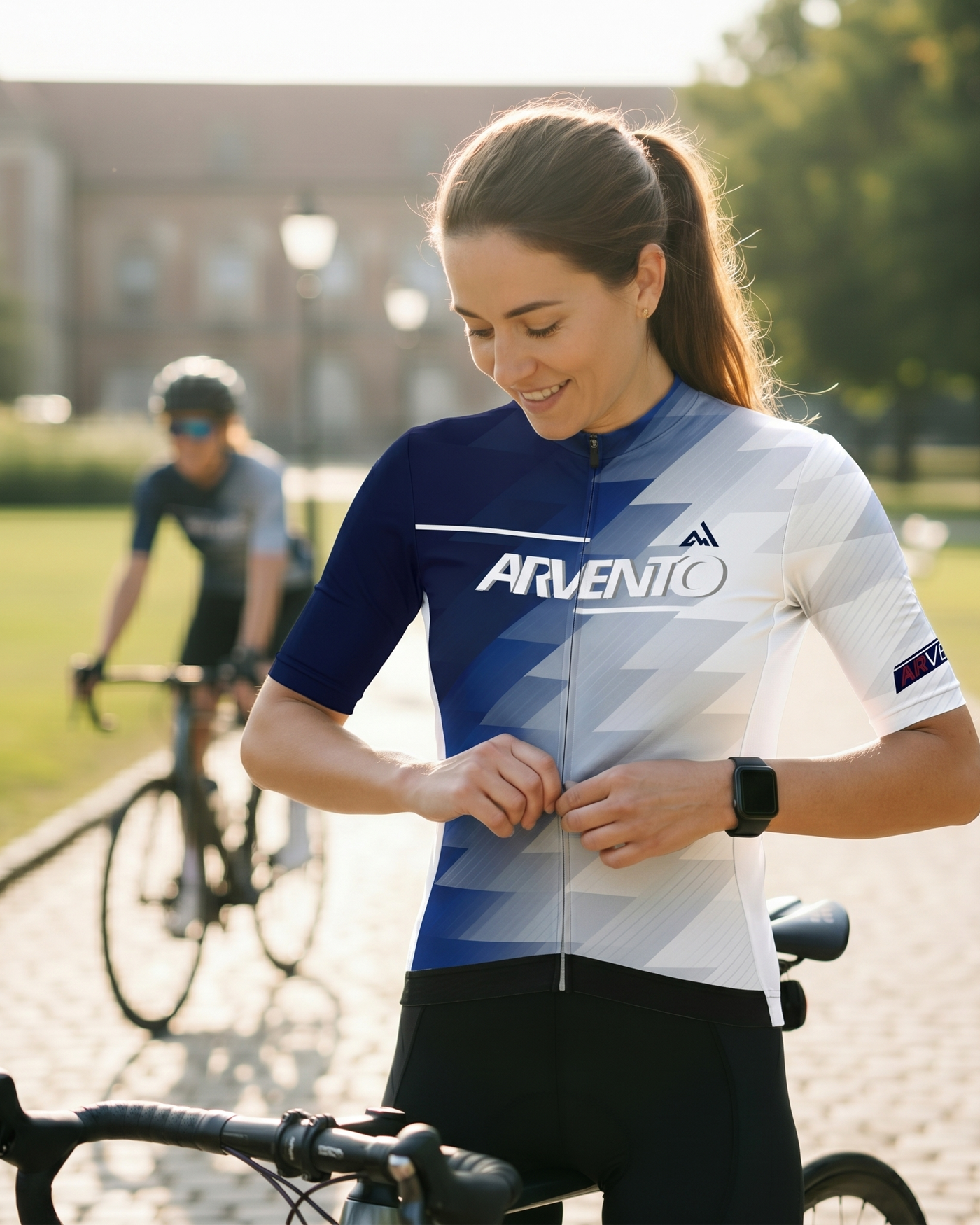 Female cyclist wearing the ARVENTO FC001 Urban Geometry cycling jersey.