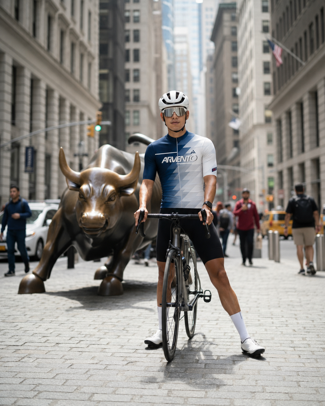 Male model wearing the ARVENTO FC001 Urban Geometry navy and silver-gray cycling jersey in an AI-assisted runway visualization.