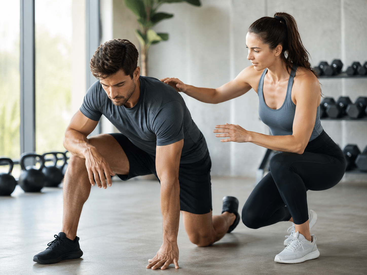 Fitness professional guiding an athlete through a controlled mobility exercise