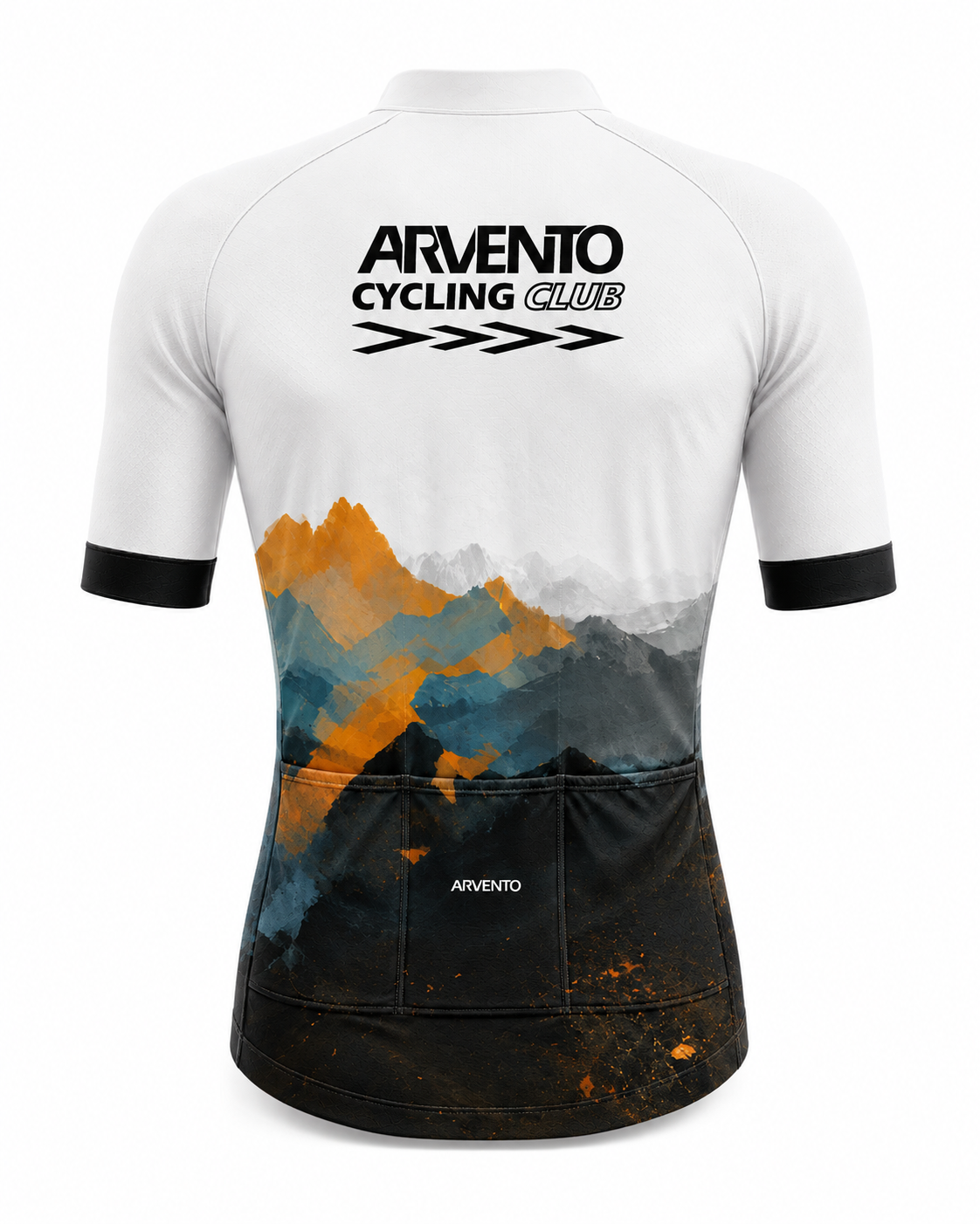 Back view of the ARVENTO WM001 Watercolor Mountains cycling jersey with three rear pockets and layered alpine artwork.
