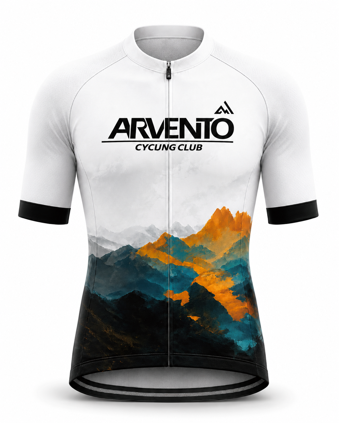 Front view of the ARVENTO WM001 Watercolor Mountains cycling jersey with a clean white upper body and alpine watercolor graphics.