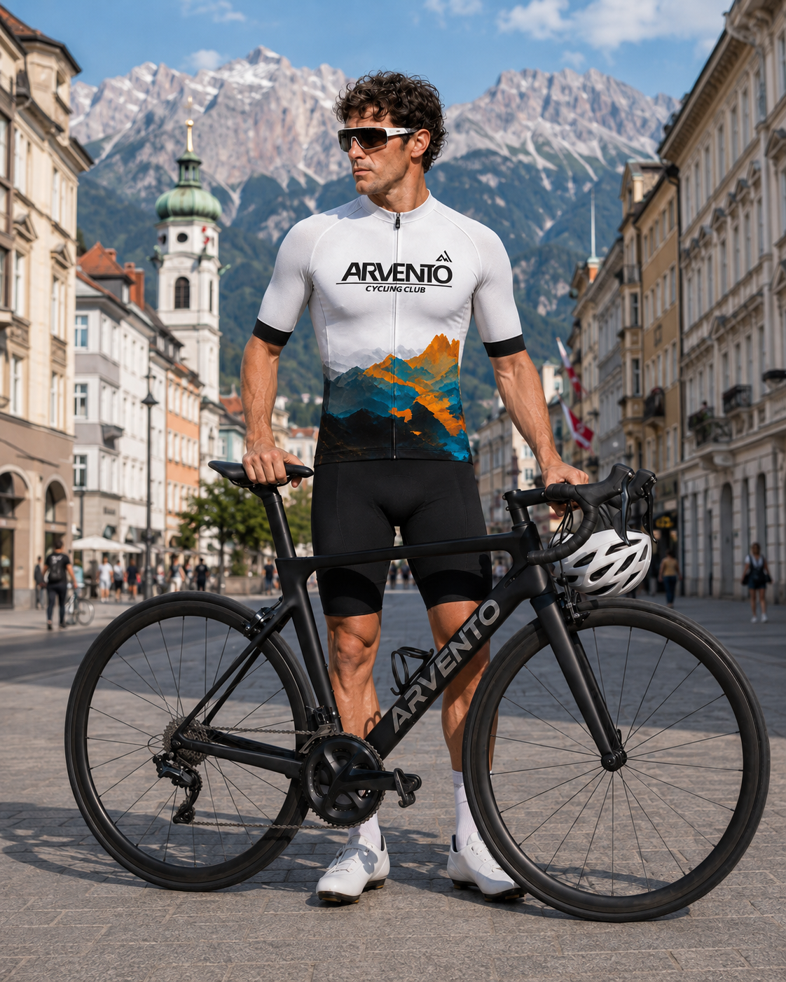 ARVENTO WM001 Watercolor Mountains cycling jersey presented in Innsbruck with alpine scenery.