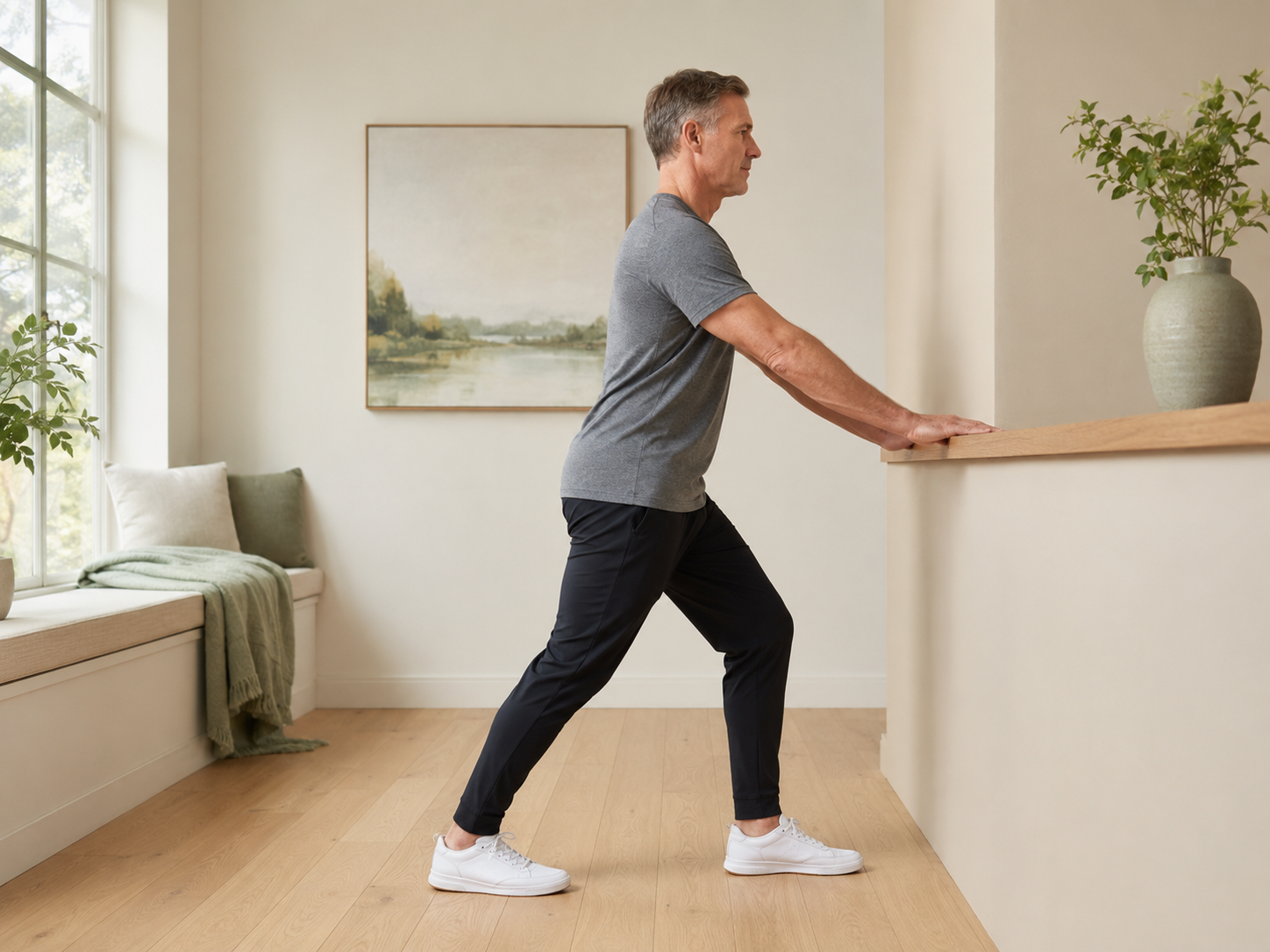 Move the knee forward over the foot while the heel stays comfortably grounded.
