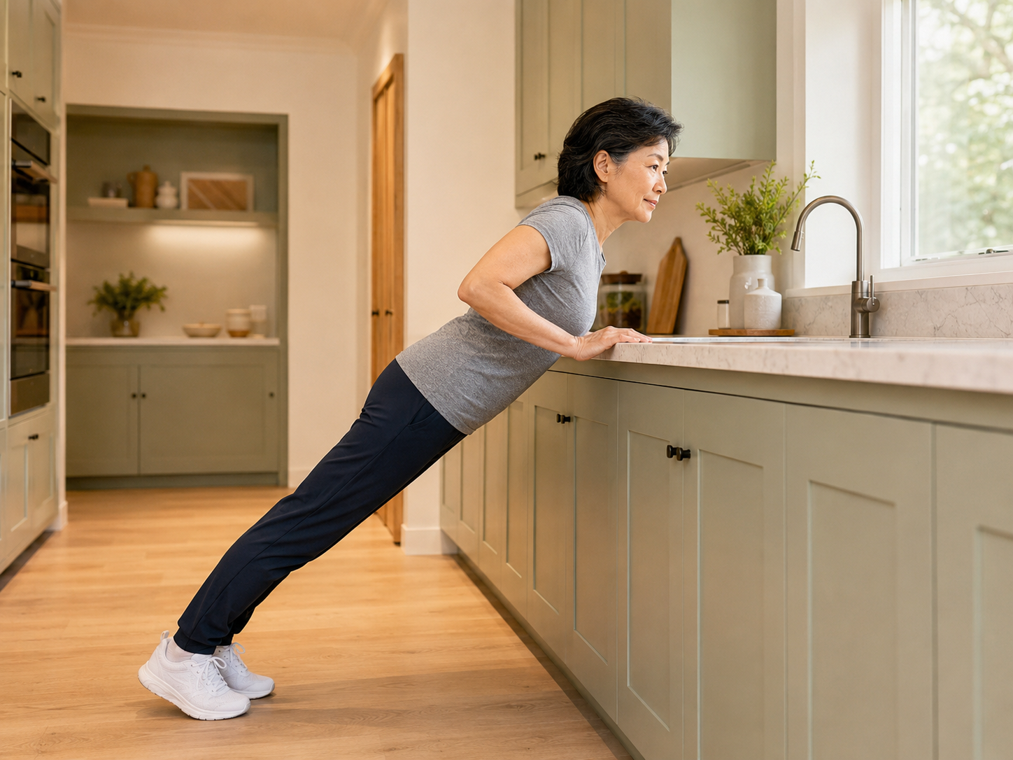 Use a stable counter for a controlled standing push movement.