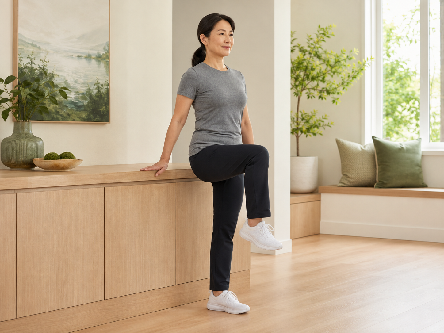Alternate lifting the feet while staying tall and close to support.